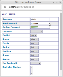 ZoneMinder - Options - Users - change admin password
